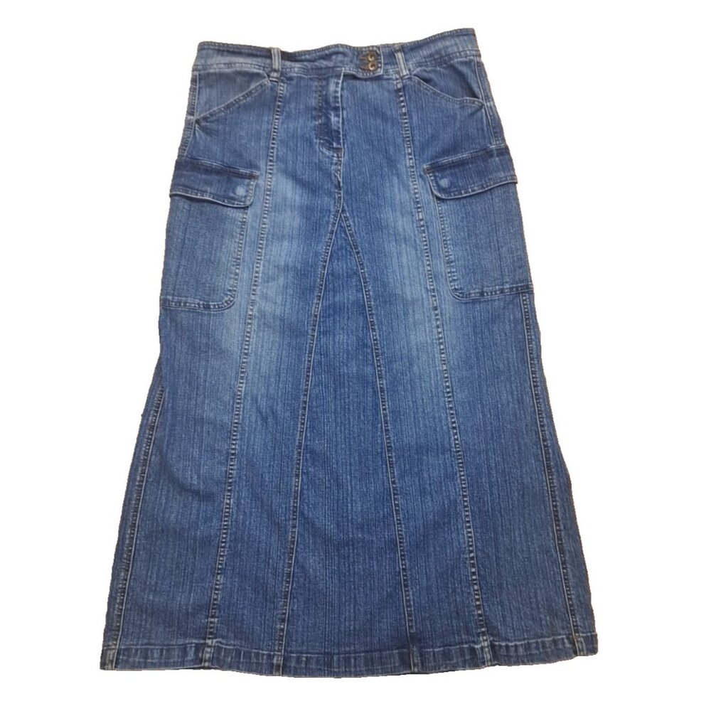 Vintage Denim Maxi Skirt Route 66 Cargo Pockets Stretch Distressed Boho 12